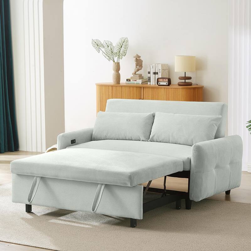 57.48" Corduroy Convertible Sofa Bed with Pull-Out Sleeper, Adjustable Backrest & USB