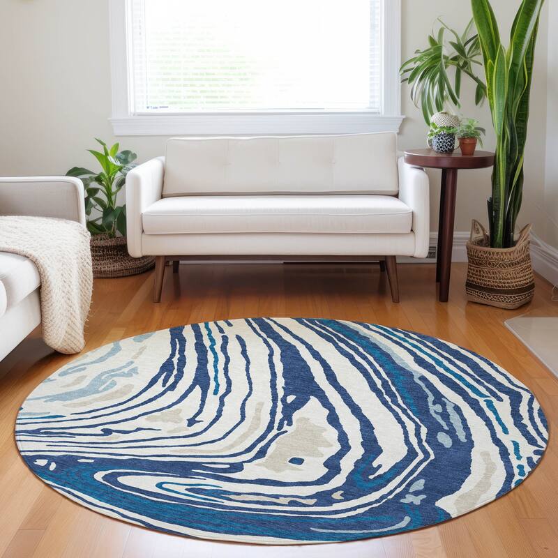 Machine Washable Indoor/ Outdoor Abstract Brushstrokes Chantille Rug - Navy - 8' x 8'