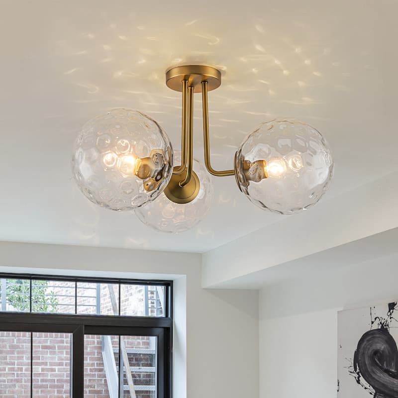 3-Light Dimmable Globe Glass Semi Flush Mount Ceiling Light - Gold