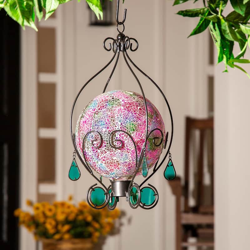 21 in. Metal Gazing Ball Hanging Holder with Blue Glass Tear Drops