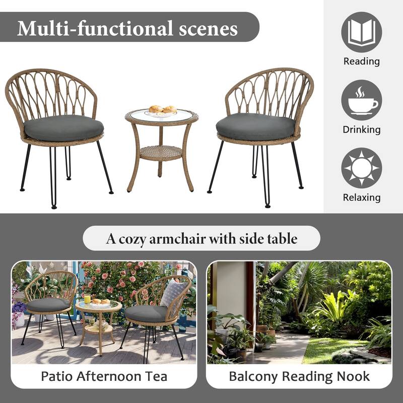 All Weather Outdoor Leisure Conversation Set, PE Rattan Single Chairs Set of 2 with A Glass Round Table