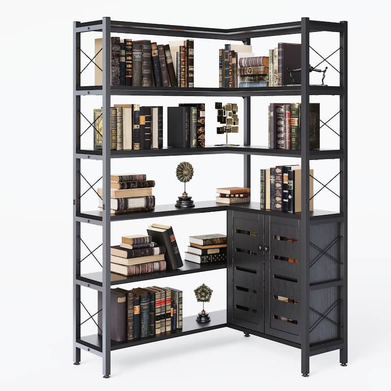 6-Shelf Corner Bookshelf, Vintage Industrial Corner Bookshelf Etagere Bookcase,with storage cabinet