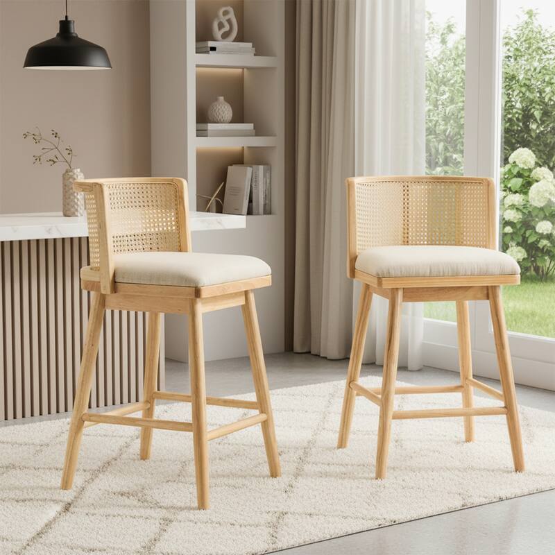 Christopher Knight Home - Talia Scandinavian Upholstered Wooden Counter Stool Set - Bar Chairs with Rattan Backrest - Set of 2 - Beige,Natural