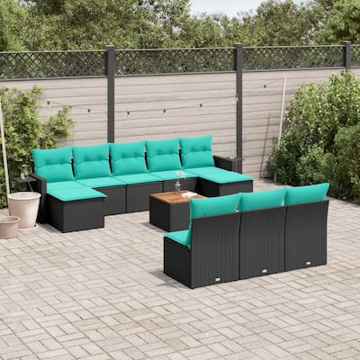 vidaXL 11 Piece Patio Sofa Set with Cushions Black Poly Rattan - 24.4 x 24.4 x 27.2