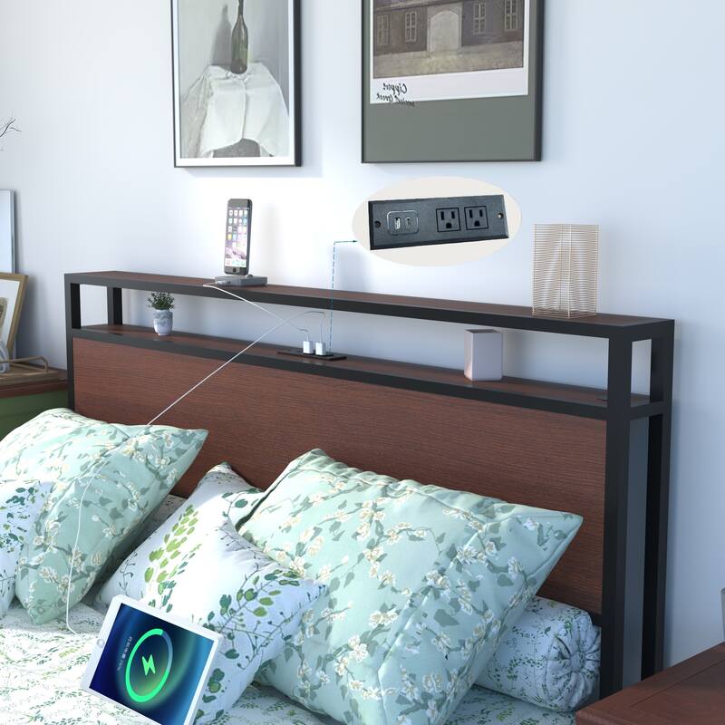 Queen Bed Frame with Storage Headboard, Charging Station, LED Lights, and Easy Assembly