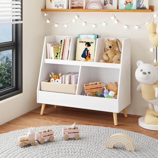 slide 2 of 18, White Kids' Bookshelf Toy Organizer with Storage Bins White