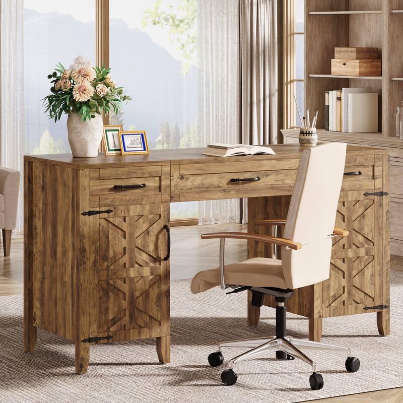 59 Inches Farmhouse Computer Desk with Storage Cabinets and Drawers