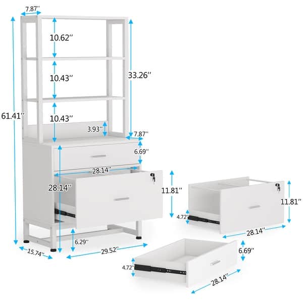 dimension image slide 0 of 3, Brown/ Black Wood Industrail File Cabinet with Lock, Mdern Bookshelf with 2 Drawers, Etagere Bookcase
