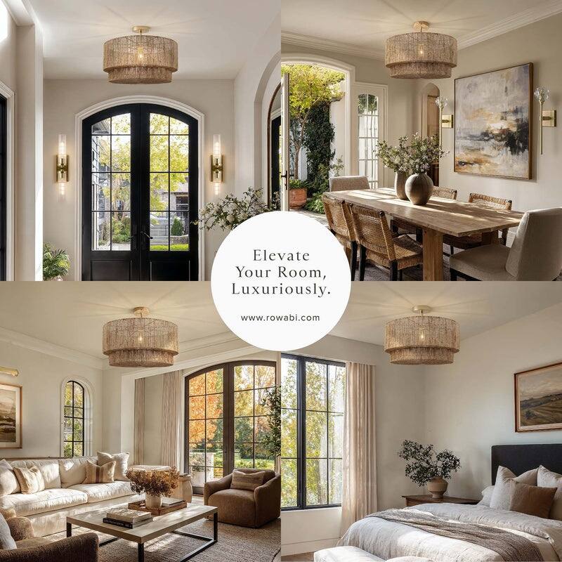 Luminous Lace Flush Mount - Jute Fibers Natural Handwoven Ceiling Light for Kitchen Island or Dining Room in Modern, Boho Style