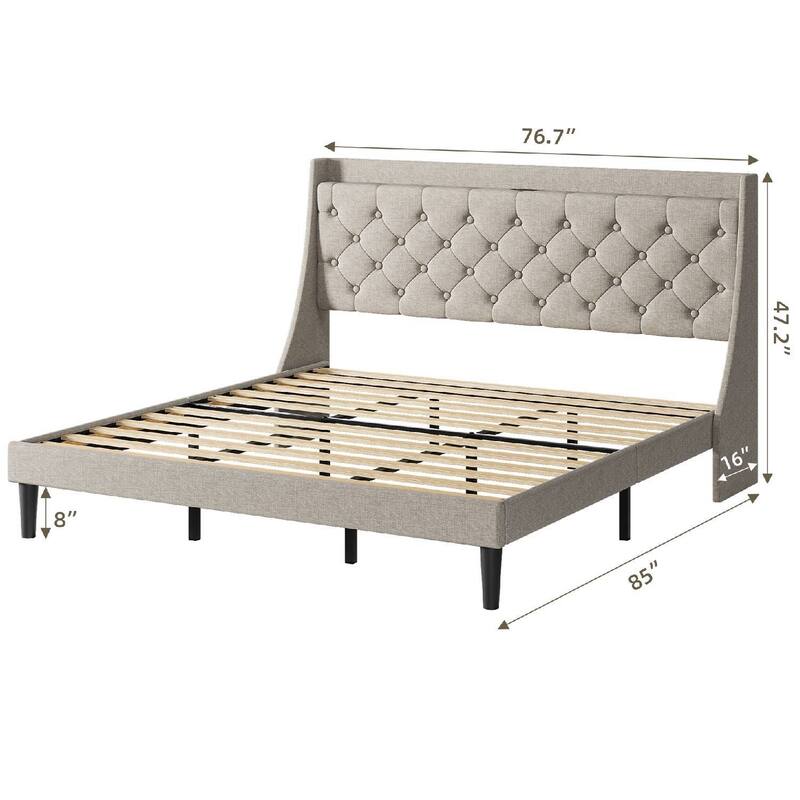 Upholstered Bed Frame with Charging Ports & Storage Shelf