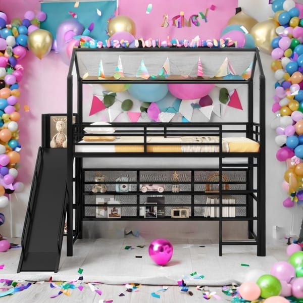 slide 2 of 12, Black Metal Twin Size House Bed, Loft Bed with Iron Mesh Shelves and Slide Black