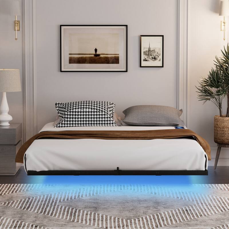 Floating Bed Frame with LED Lights ＆ charging station, Metal Platform