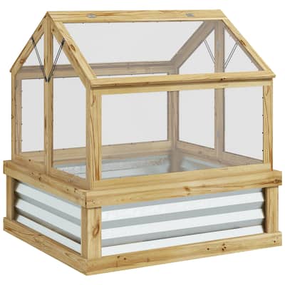 Raised Garden Bed with Polycarbonate Greenhouse, Garden Wooden Cold Frame Greenhouse Flower Planter Protection, Peak Roof