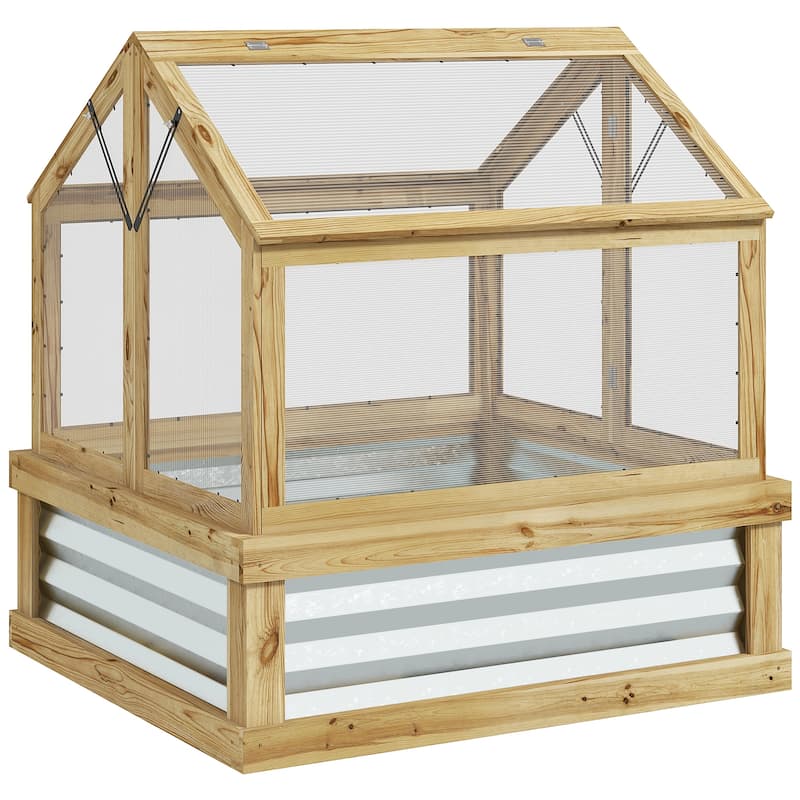 Raised Garden Bed with Polycarbonate Greenhouse,Wooden Cold Frame Flower Planter Protection,Peak Roof,35.5" x 31.5" x 36" - Natural