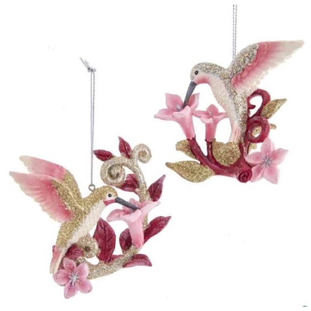 Glittery Silver Gold and Pink Hummingbirds on Flowers Retro Inspired Set of 2 - Multi