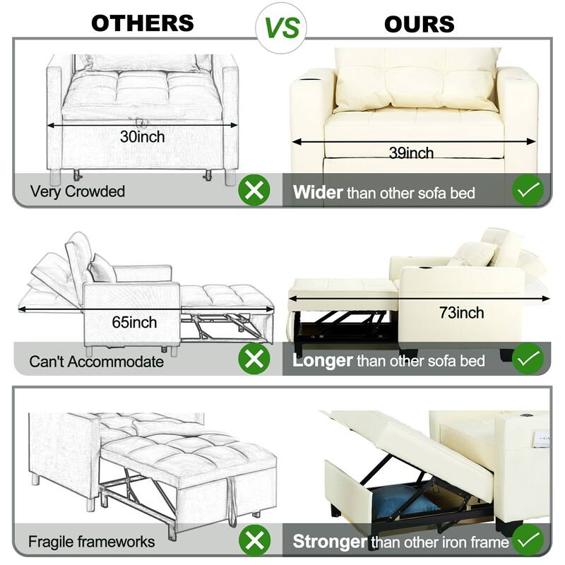 Futon Chair Bed Convertible Chair 3-in-1 Pull Out Sleeper Chair Beds for Living Room