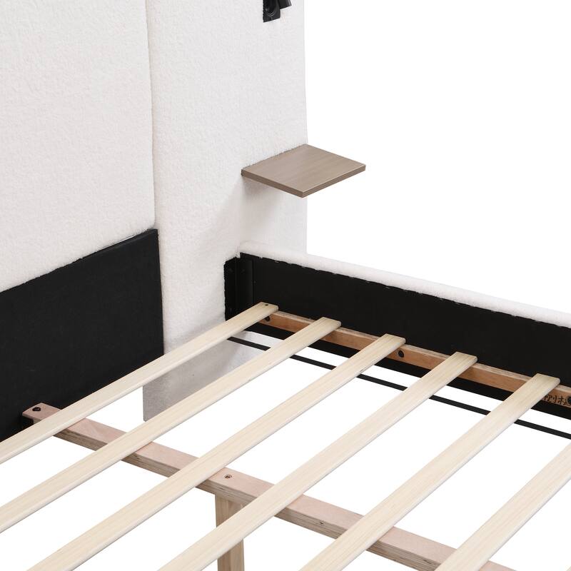 Platform Bed Frame with Integrated Lights, Upholstered Bed Frame with Headboard, Wood Slat Support, No Box Spring Needed