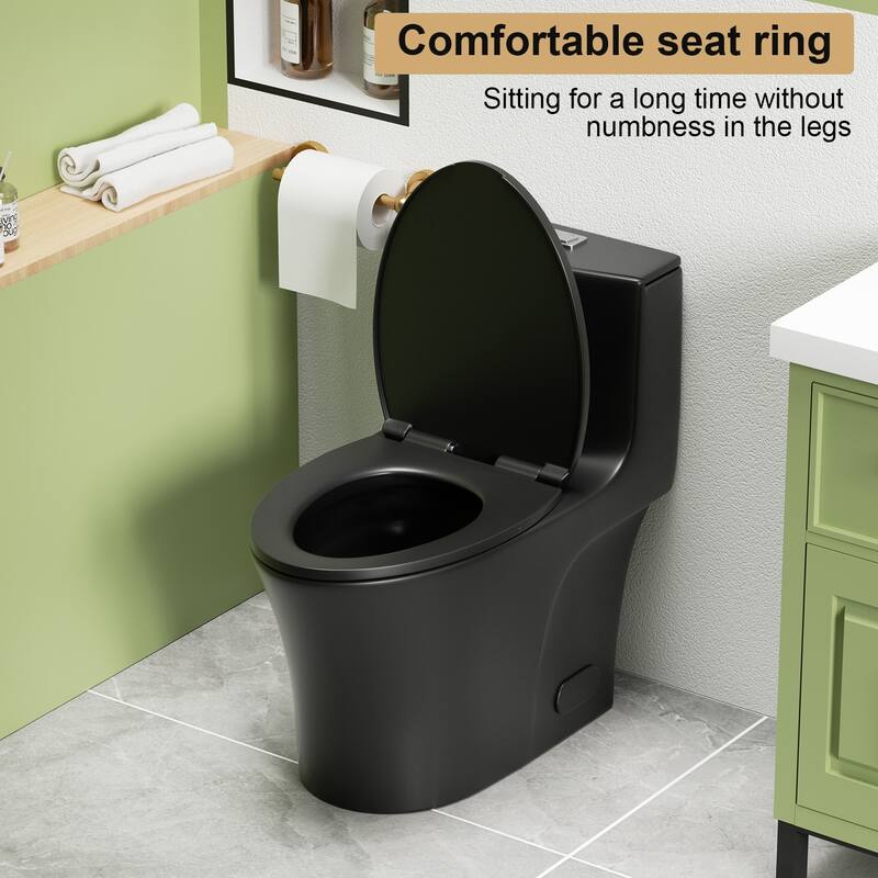 1.1/1.6 GPF Tornado Flush One-Piece Toilet Elongated, Siphonic S-trap 12",Soft Closing Seat, Button on Tank top - Matte Black