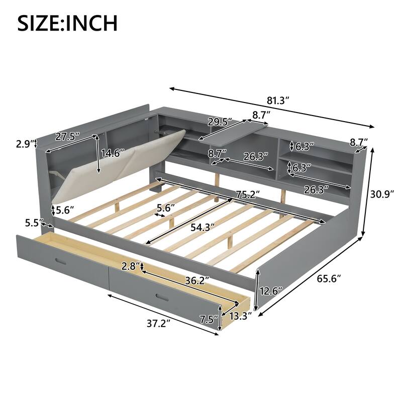 Full Size Wood Platform Bed with Storage Headboard, Shelves, and 2 Drawers in Gray - No Box Spring Required