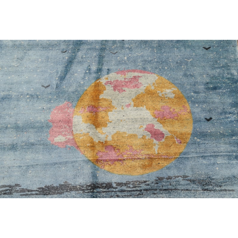 Hand Knotted Oriental Viscose Silk Carpet Modern Pictorial Navy Blue & Blues Abstract Area Rug - 8' 0'' X 5' 0''
