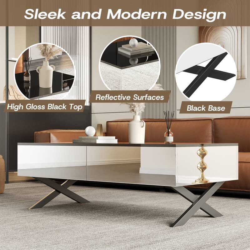 47.3" Rectangular Mirror Coffee Table for Living Room with Storage and Metal Base, 2 drawers, Black High Gloss Top