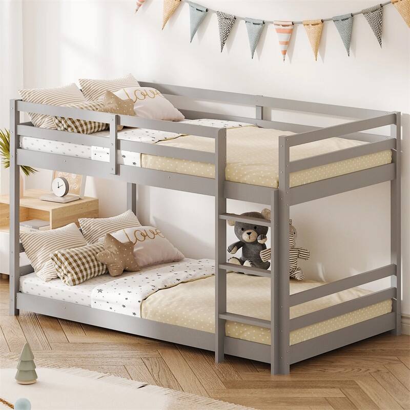 Kids Low Floor Bunk Bed Twin Over Twin With Guard Rails And Stairs