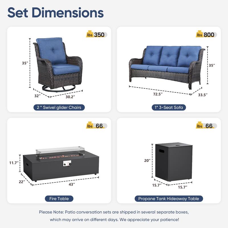 Pocassy Outdoor 5 Pieces Sofa Swivel Chair with Fire Pit Table