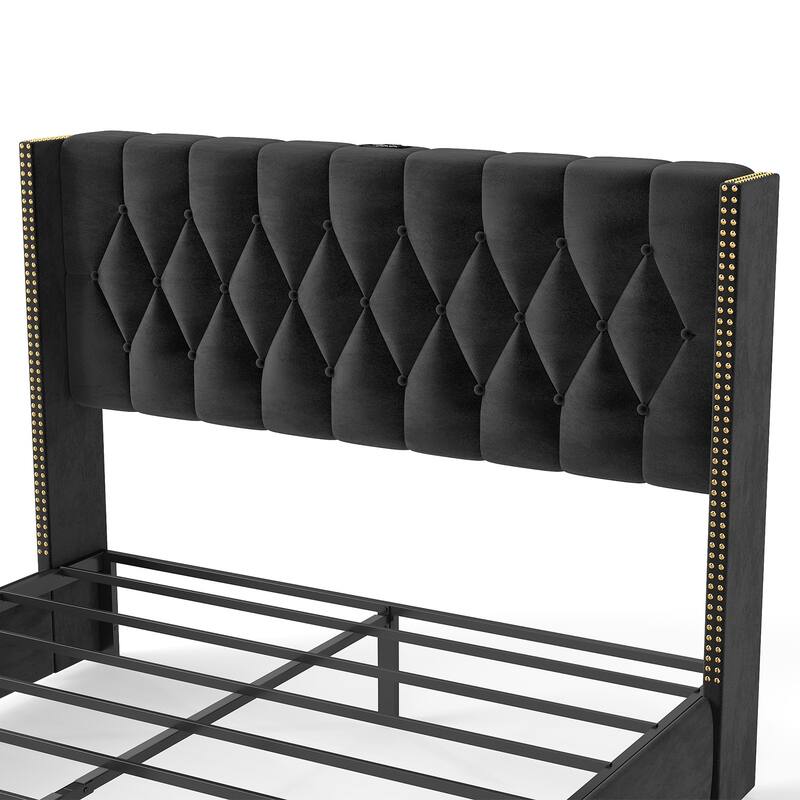 Queen Size Platform Bed Frame with Velvet Headboard, Storage Drawers, and Charging Station