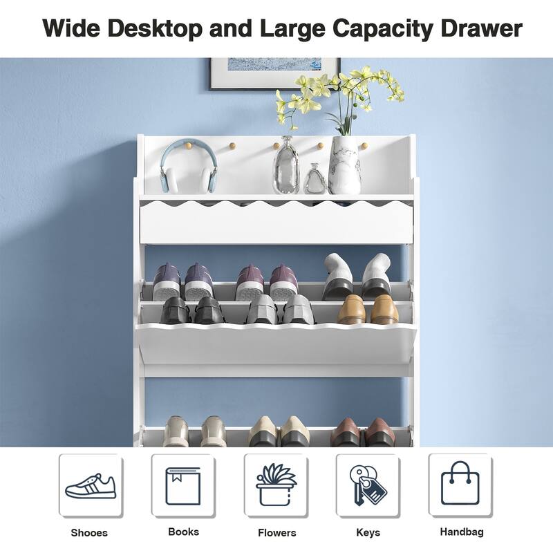 16 Pairs Shoe Storage Cabinet Freestanding Shoe Rack Organizer with 2 Flip Drawers for Entryway - 2-Tier