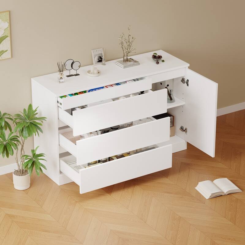 Modern White Wooden Side Cabinet with Hidden Drawers - Versatile Storage Organizer