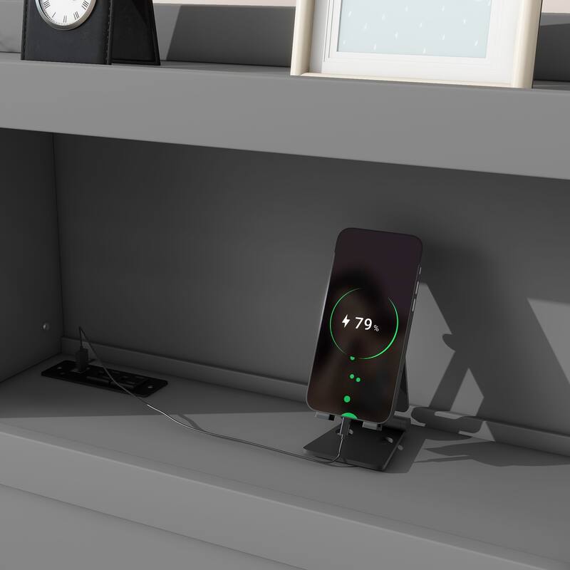 Full Size Storage Platform Bed with Trundle, Drawers and USB Ports in Gray