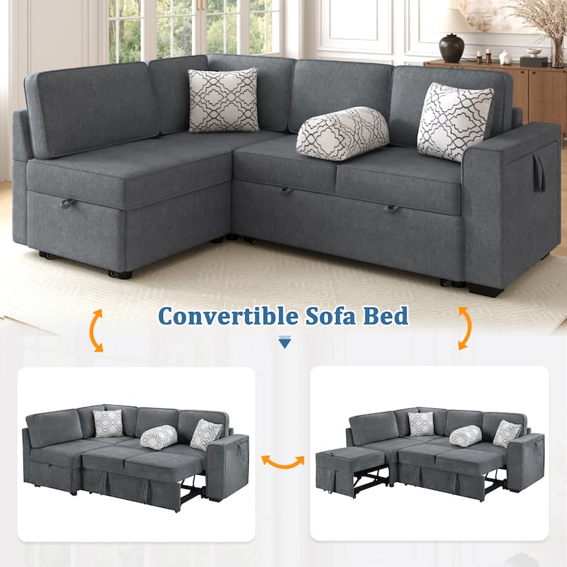 L-Shaped Sectional Sofa Convertible Sofa Bed with Dual Pull-Out Sleepers Sofa, Flip-Top Table, USB Ports, Cup Holder and Storage
