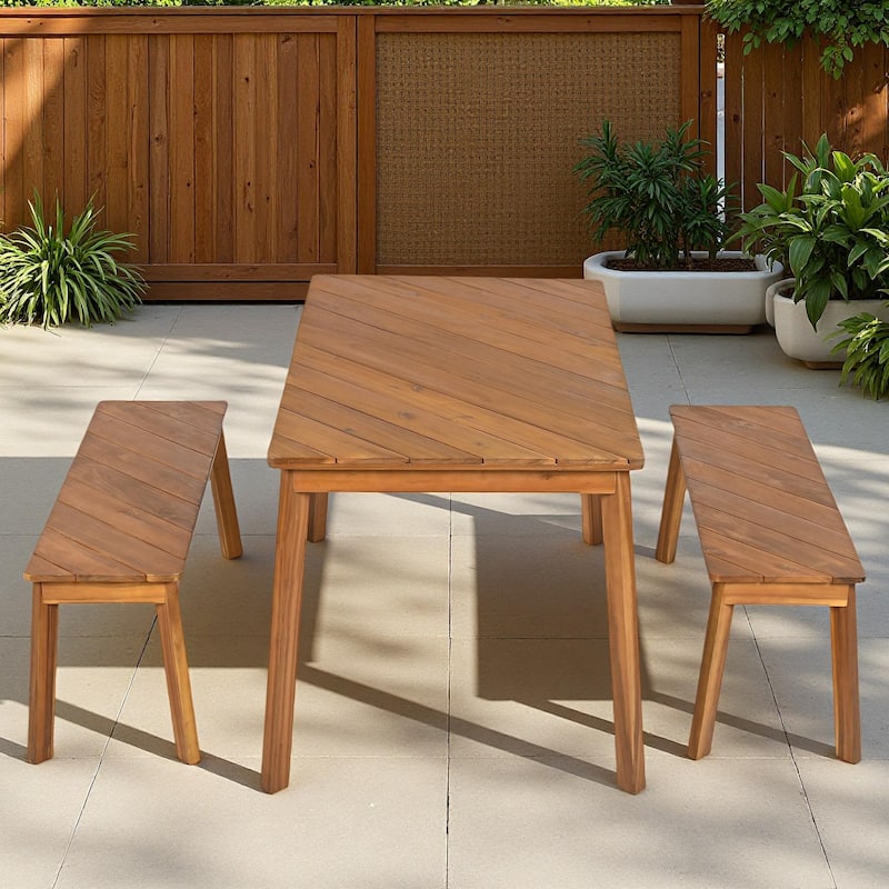 3-Piece Outdoor Patio Acacia Wood Picnic Dining Set with 2 Benches - Acacia Wood