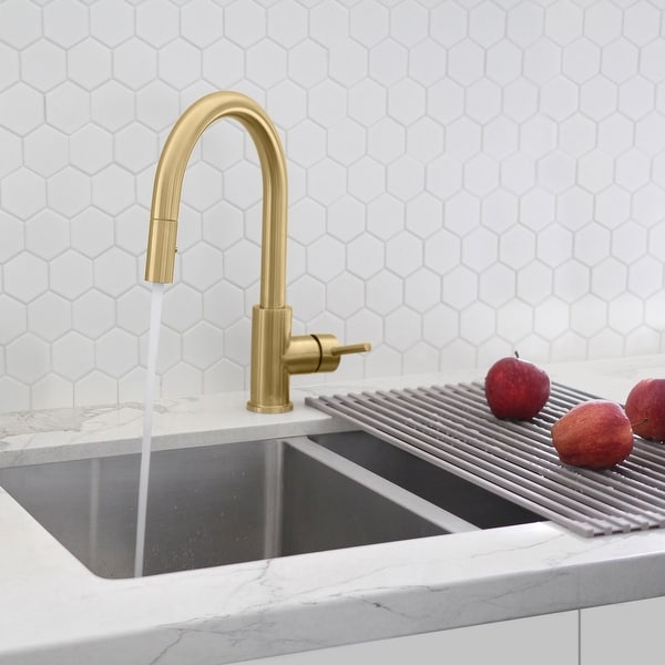 Modern Single Handle Pull down Sprayer Kitchen Faucet in Gold Stainless Steel - Faucet height: 14" Spout height: 7". Opens flyout.