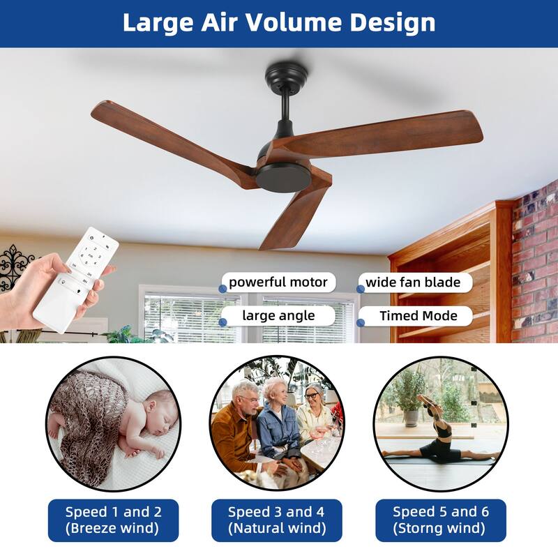 Moasis 52" Ceiling Fan with 3 Solid Wood Blades and Remote Control No Lights