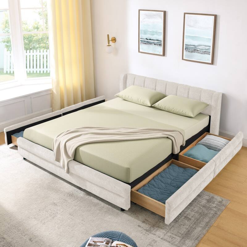 Rossetta Queen Size Upholstered Thick Fabric Bed Frame with Headboard and Storage Drawer