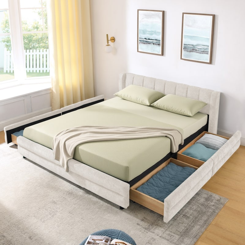 Thick Fabric Upholstered Bed Frame, Low Profile Storage Platform Bed with 4 Storage Drawers, Metal Legs and Wood Slat Support - Beige - Queen