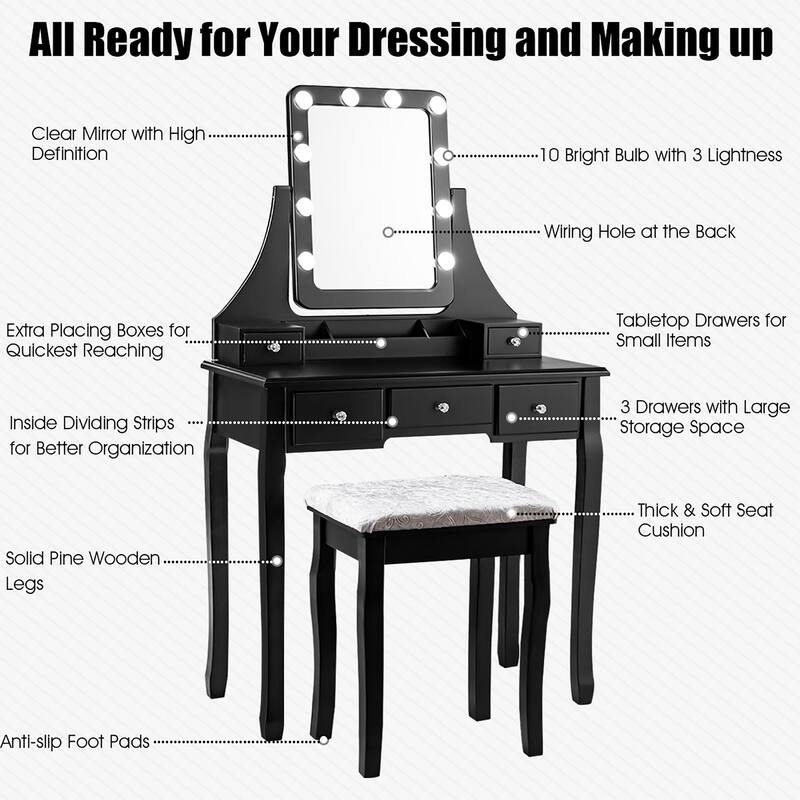 Costway Vanity Dressing Table Set w/ 10 Dimmable Bulbs Touch Switch