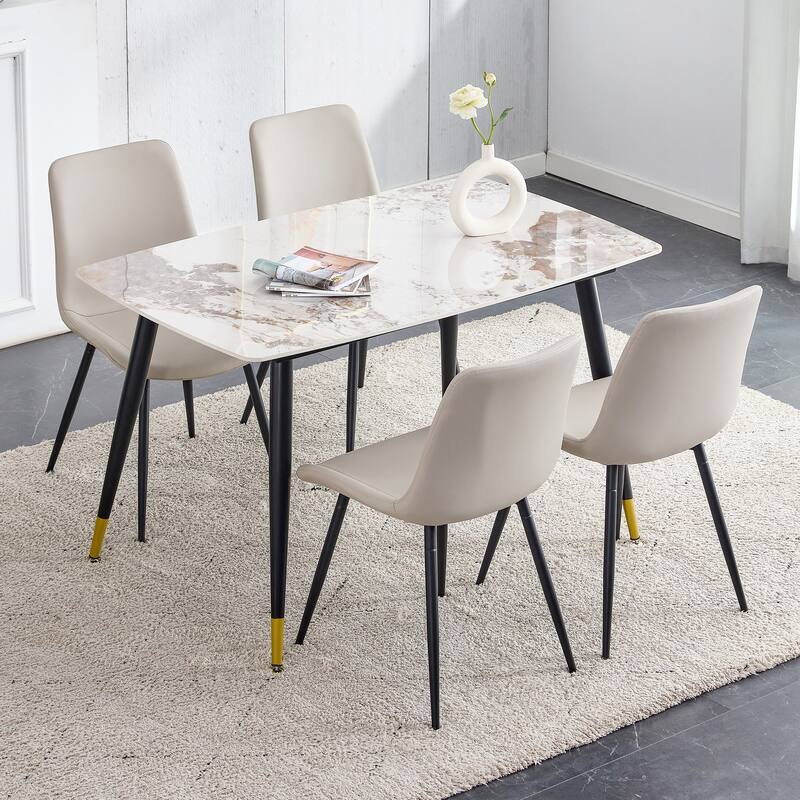 48.4" 5-Piece Sintered Stone Dining Table Set with 4 PU Chairs, Curved Widened Cushions, Pandora Patterned Rock Slab Desktop