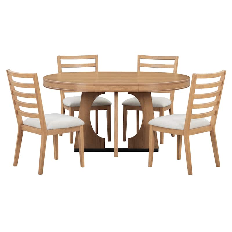 5-Piece Retro Dining Table Set, Extendable Round Table with Removable Leaf