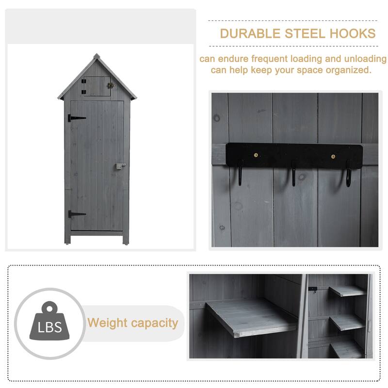 Wooden Tool Shed, Outdoor Waterproof Storage Cabinet With 3 Compartments, Sloping Roof, Lockable Garden Tool Shed