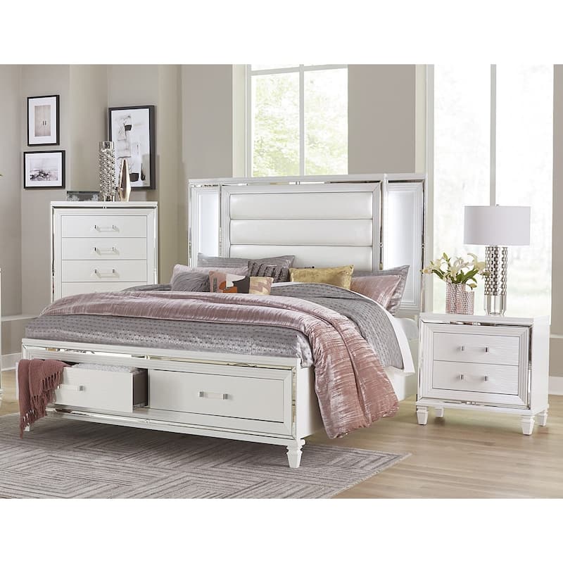 White Finish Bedroom Set 3pc LED Light Bed Nightstand Chest