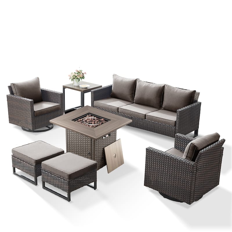 7 Pieces Fire Pit Table with Sofa Swivel Chair Ottoman Set
