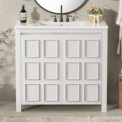 36" Bathroom Vanity Organizer with Ceramic Sink, Set Bathroom Storage Cabinet,Antique White