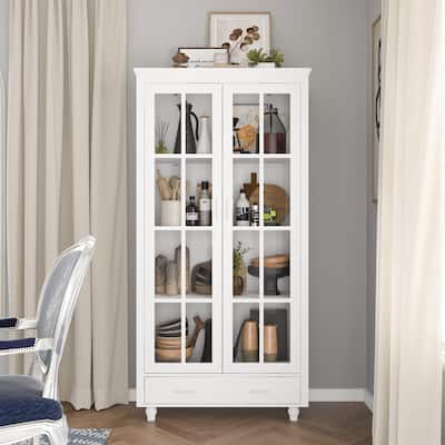 White Bookcase with Glass Doors Display Cabinet Bookshelf Organizer - 70.9"Hx36.2"W