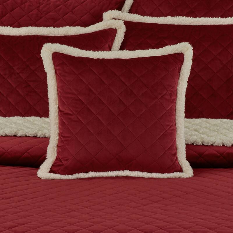 J. Queen New York Cozy Christmas Sherpa 18" Square Quilted Decorative Throw Pillow - Accent - Polyester - Crimson