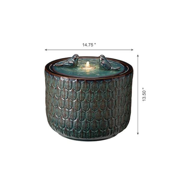 15"H Turquoise Two Birds Embossed Leaf Pattern Cylindrical LED Ceramic Fountain by Glitzhome