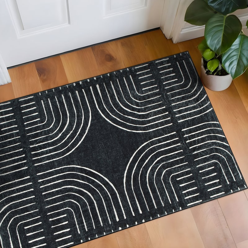 World Rug Gallery Bohemian Lines Washable Non Slip Area Rugs - Black - 2'x4'