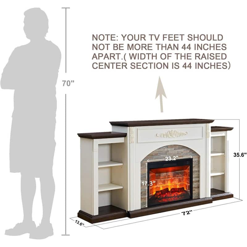 Classic 72 inch Electric Fireplace with Mantel White TV Stand Entertainment Center with Storage