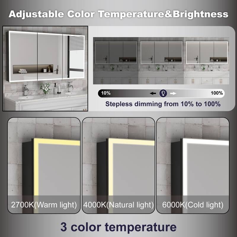 Kylo Aluminum LED Medicine Cabinet with Mirror, Dimmable, Anti-Fog, Recessed/Wall Mount